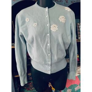 VINTAGE 50's DALTON CASHMERE CARDIGAN LACE APPLIQUE FLOWERS PEARLS